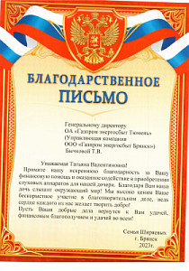  Благодарственное письмо Бычковой Т.В. от семьи Ширяевых